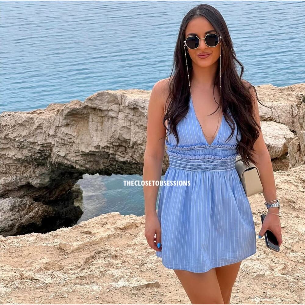 Zara NWT Blue White Plunge Halter Mini Dress M L - Picture 7 of 16